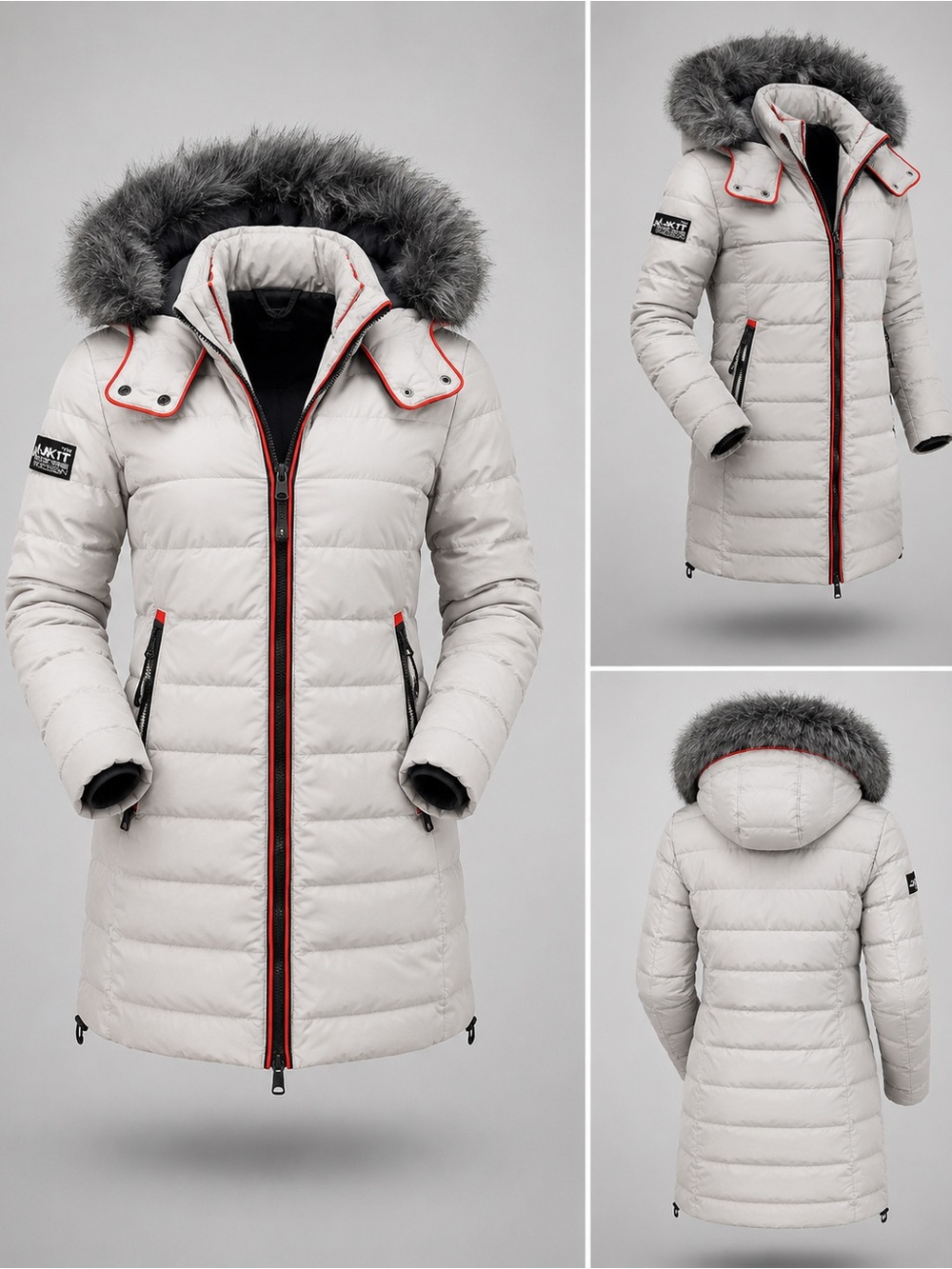 Women’s White Puffer Coat with Red Trim - Performance Winter Jacket
